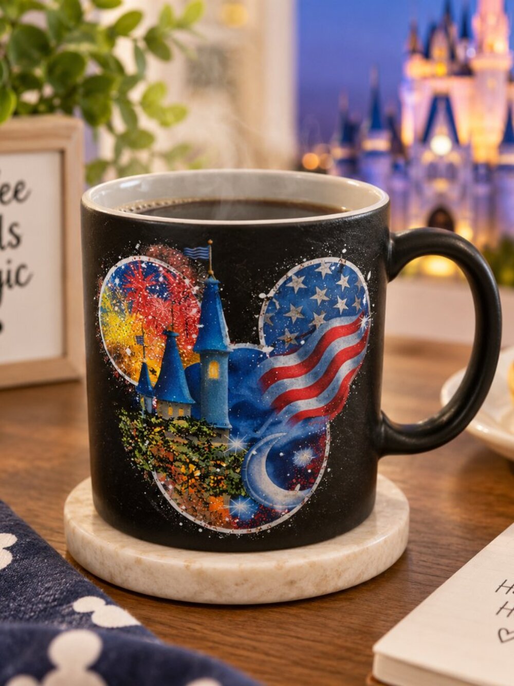Disney Mug Walt Disney World 3D Mickey American Flag Fireworks Castle Black